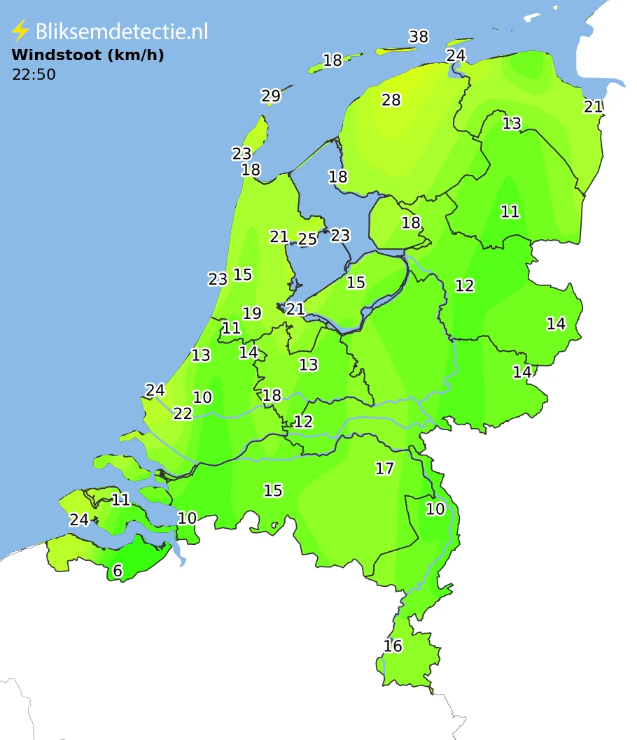 Windstoten kaart Nederland
