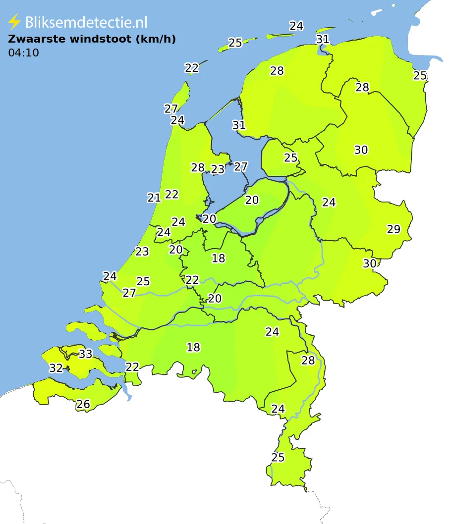 Zwaarste windstoten kaart Nederland