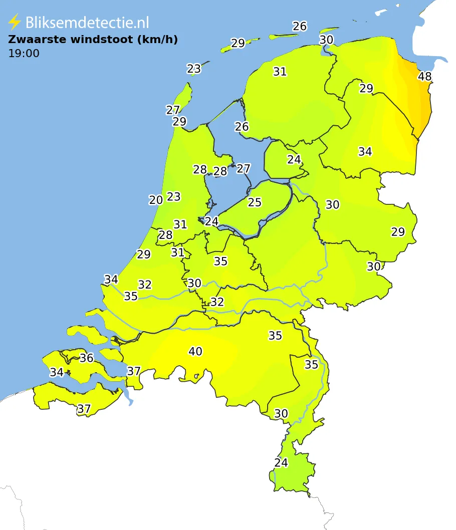 Zwaarste windstoten kaart Nederland