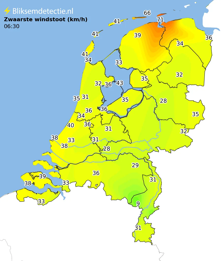 Zwaarste windstoten kaart Nederland