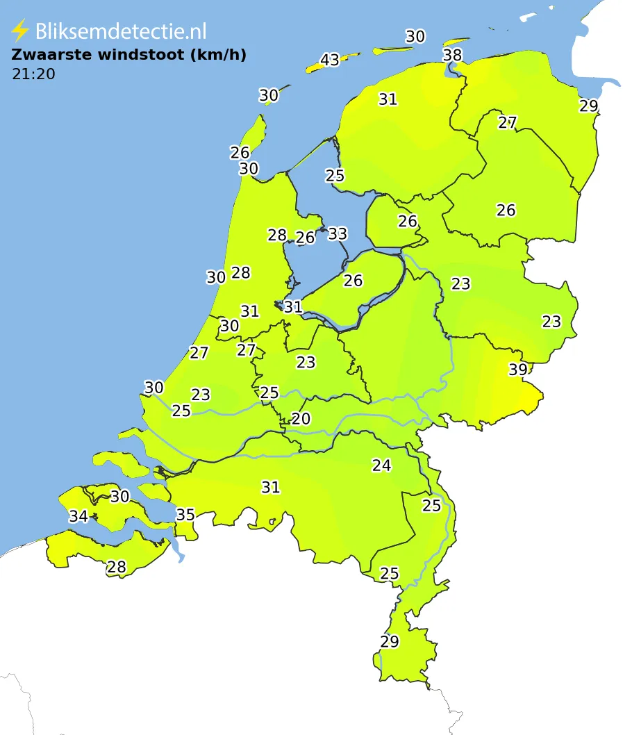 Zwaarste windstoten kaart Nederland