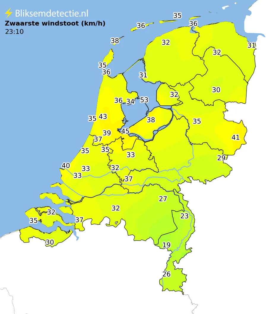 Zwaarste windstoten kaart Nederland