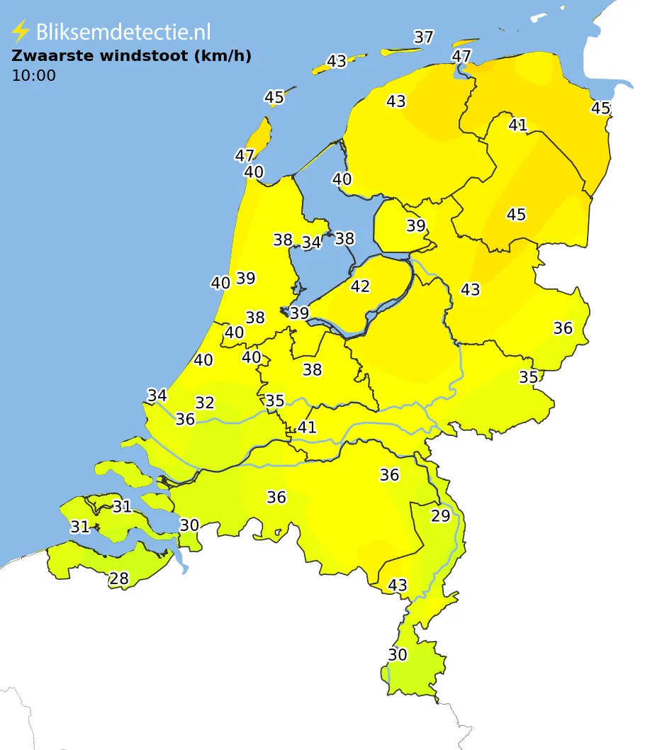 Zwaarste windstoten kaart Nederland
