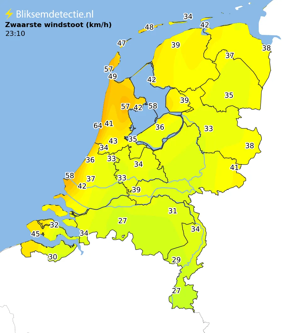 Zwaarste windstoten kaart Nederland