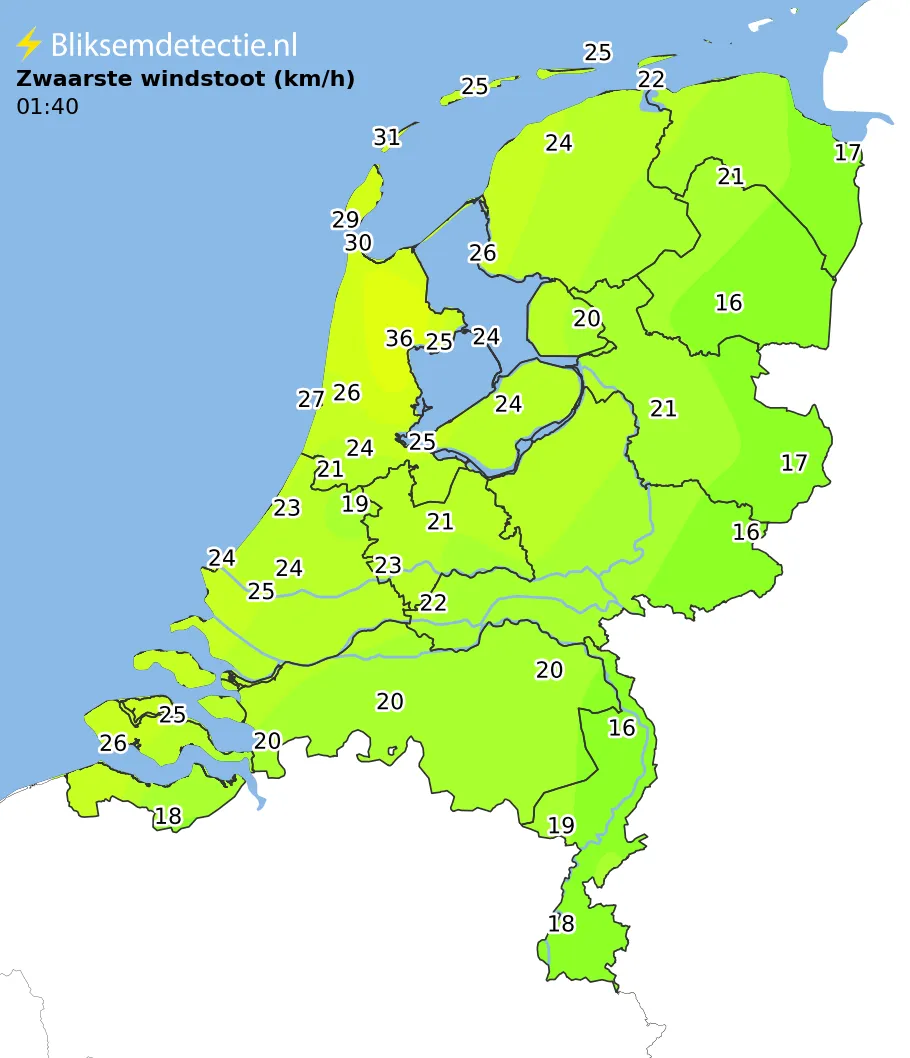 Zwaarste windstoten kaart Nederland