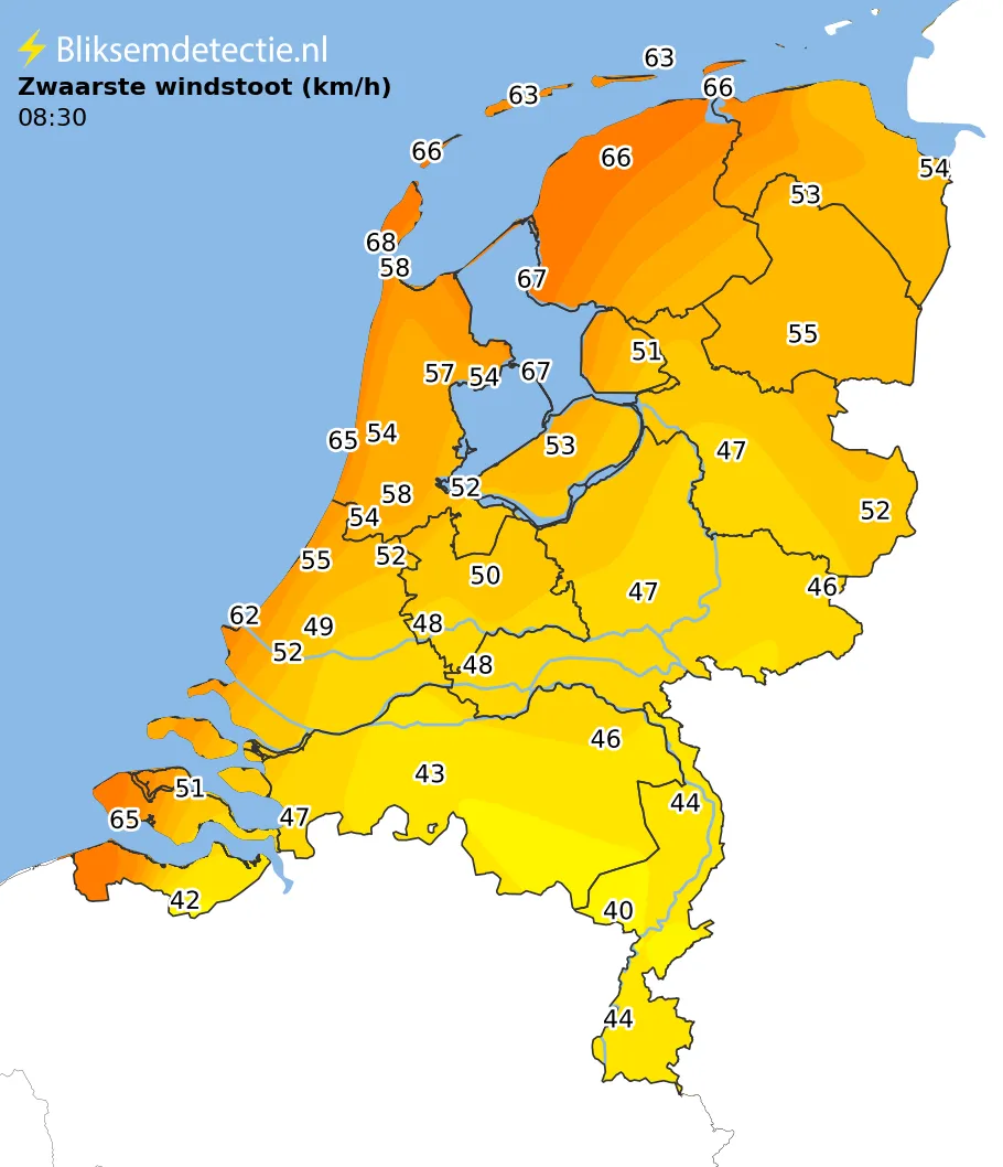 Zwaarste windstoten kaart Nederland