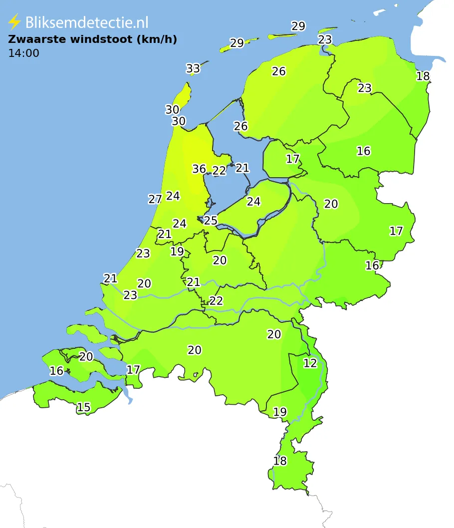Zwaarste windstoten kaart Nederland