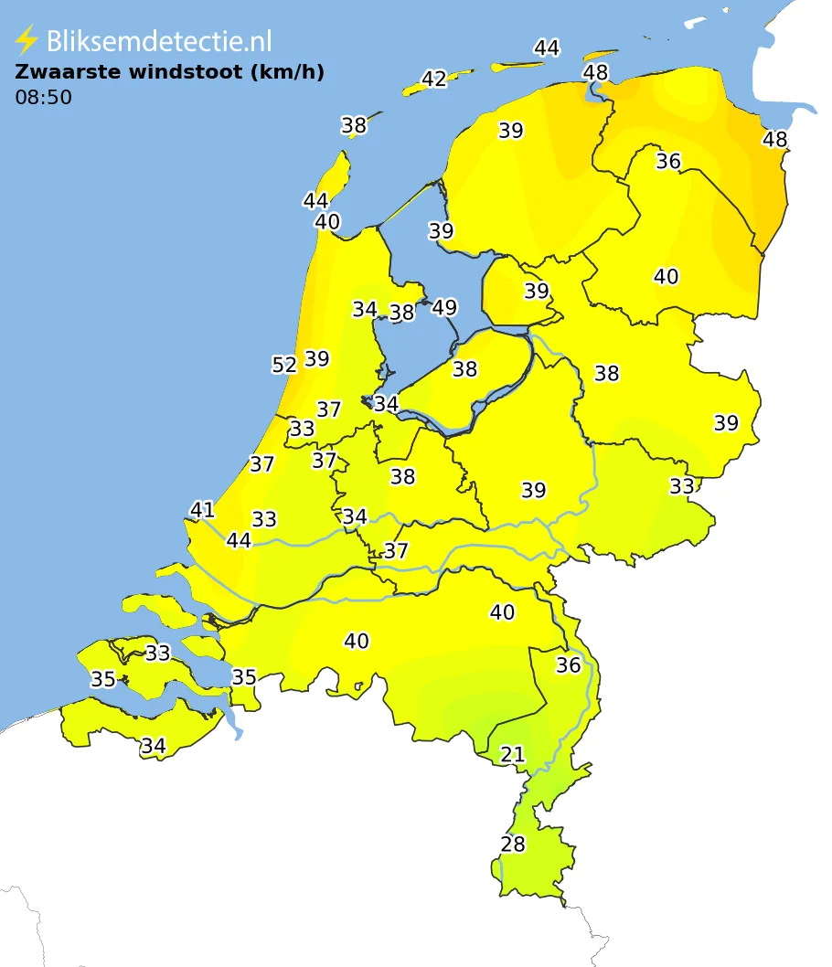 Zwaarste windstoten kaart Nederland