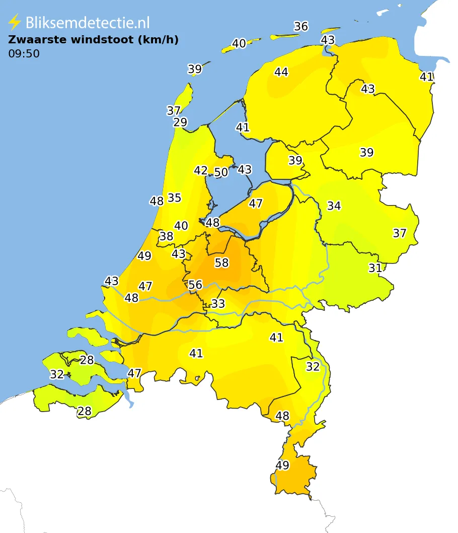 Zwaarste windstoten kaart Nederland