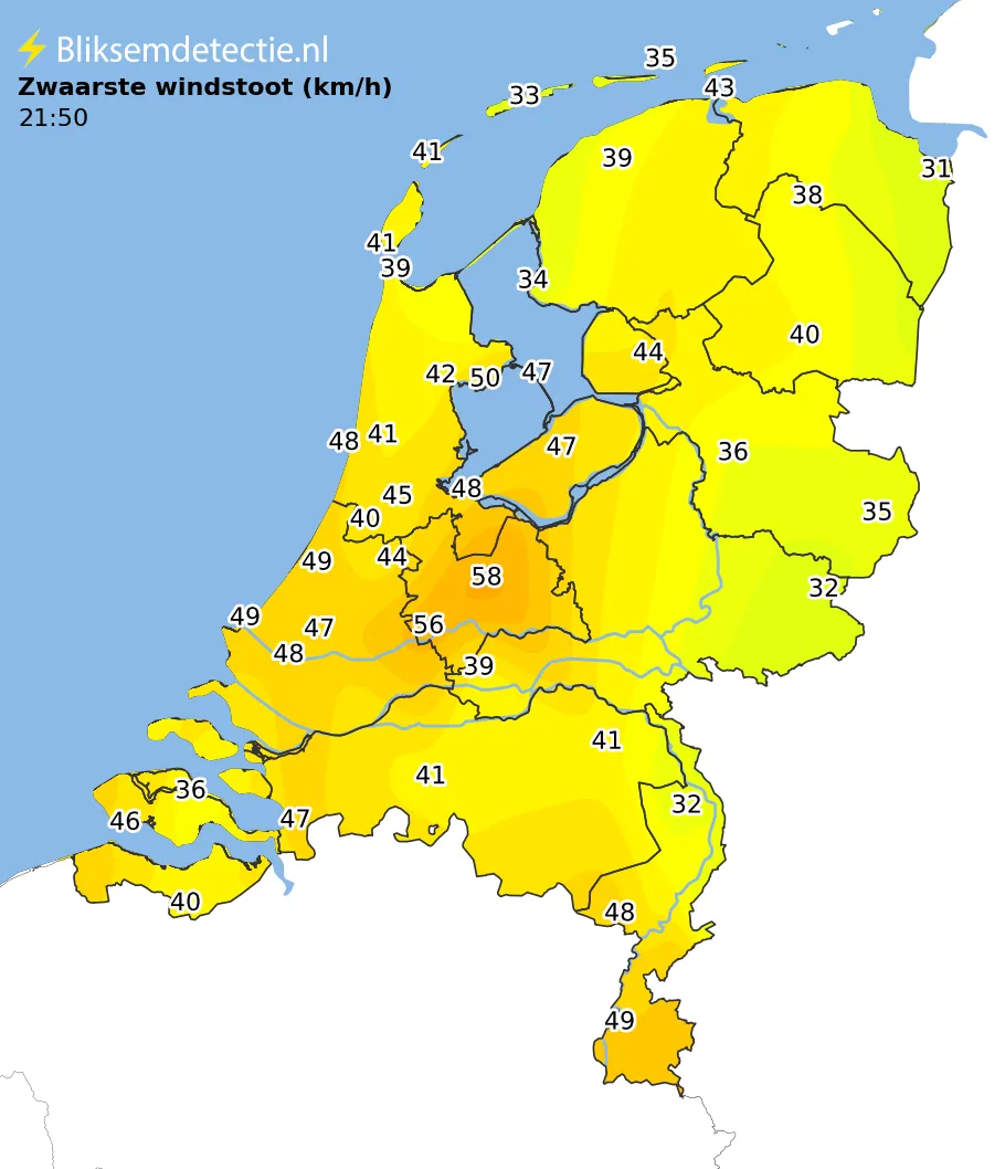 Zwaarste windstoten kaart Nederland