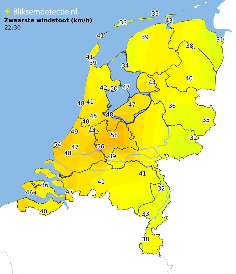 Zwaarste windstoten kaart Nederland
