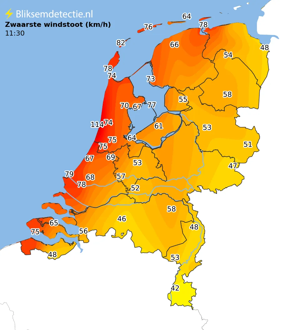 Zwaarste windstoten kaart Nederland