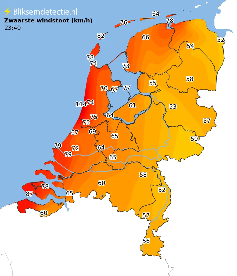 Zwaarste windstoten kaart Nederland