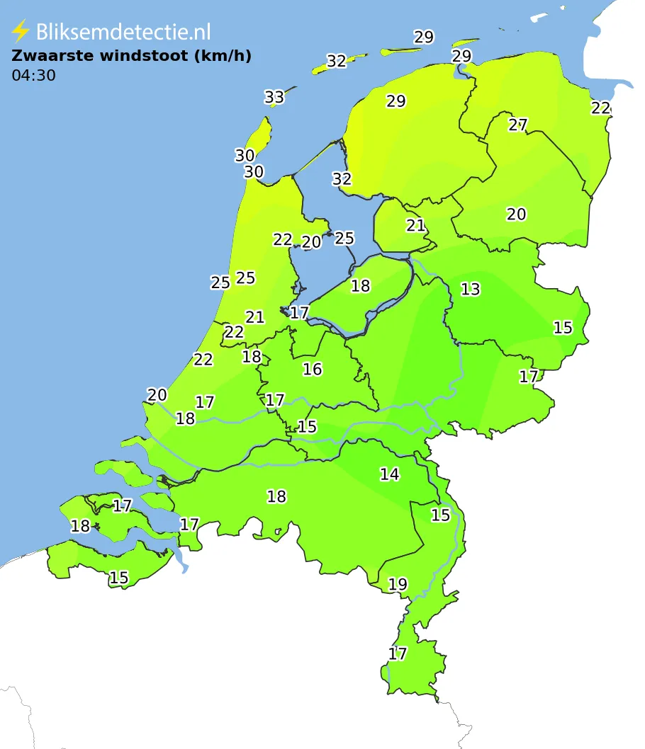 Zwaarste windstoten kaart Nederland