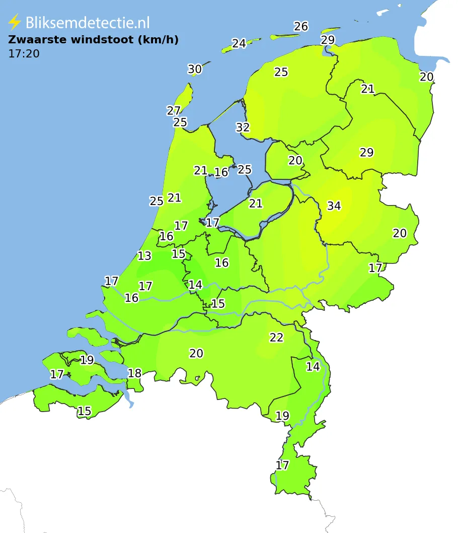 Zwaarste windstoten kaart Nederland