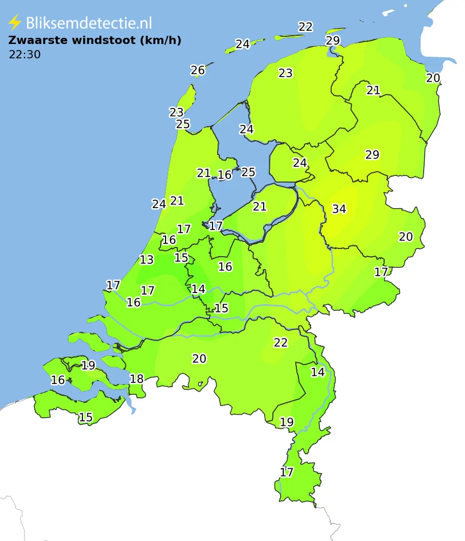 Zwaarste windstoten kaart Nederland