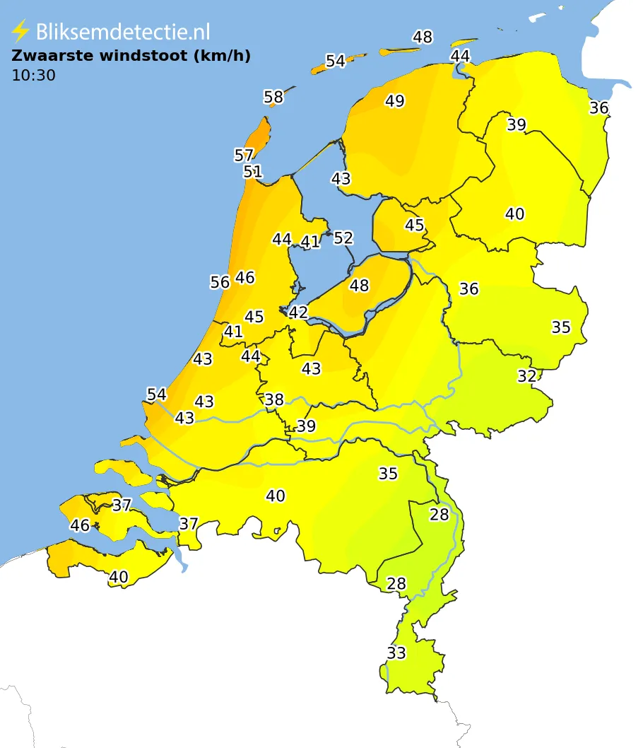 Zwaarste windstoten kaart Nederland