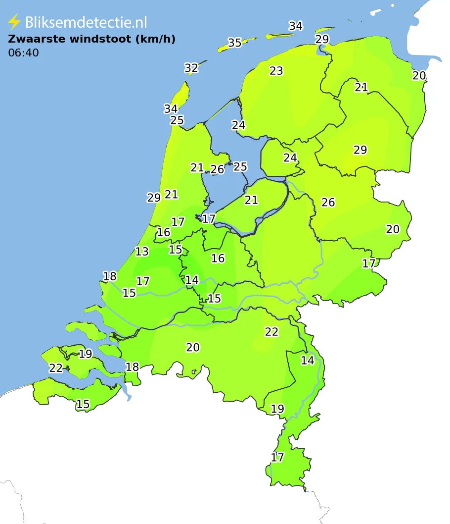 Zwaarste windstoten kaart Nederland