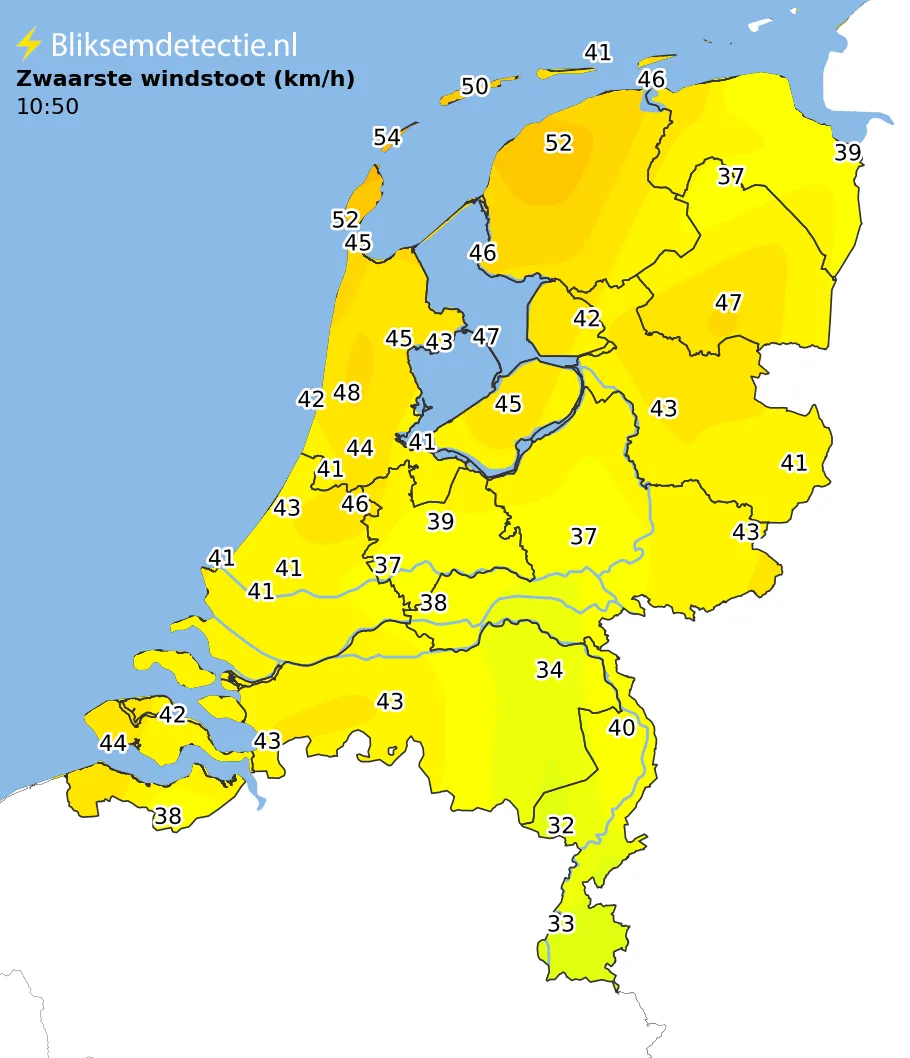 Zwaarste windstoten kaart Nederland