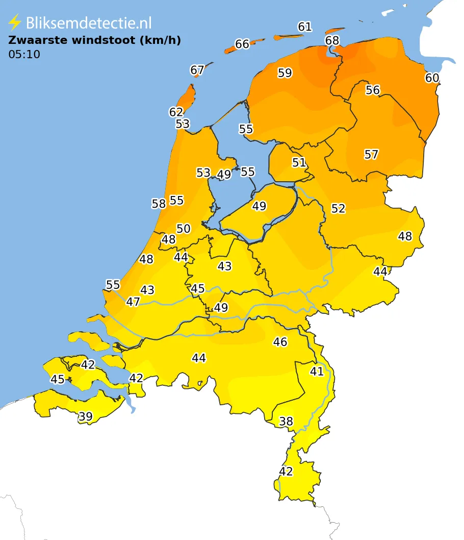 Zwaarste windstoten kaart Nederland