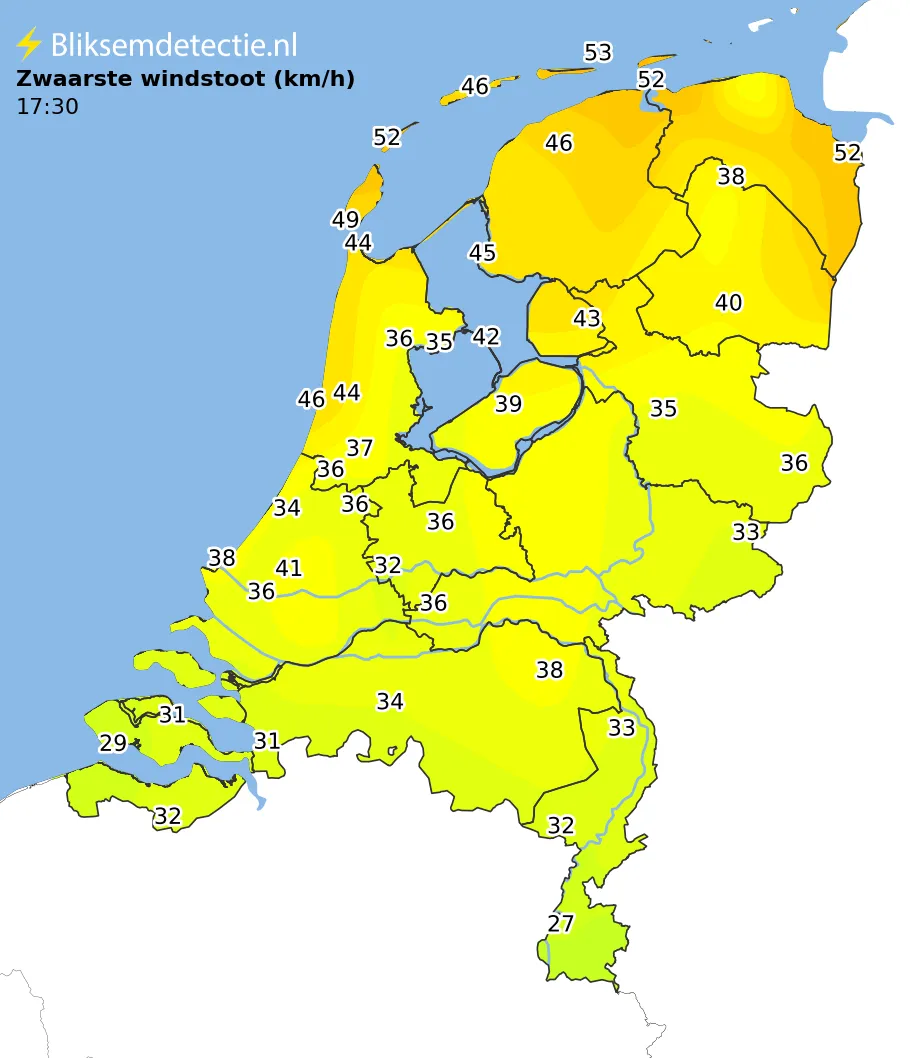 Zwaarste windstoten kaart Nederland