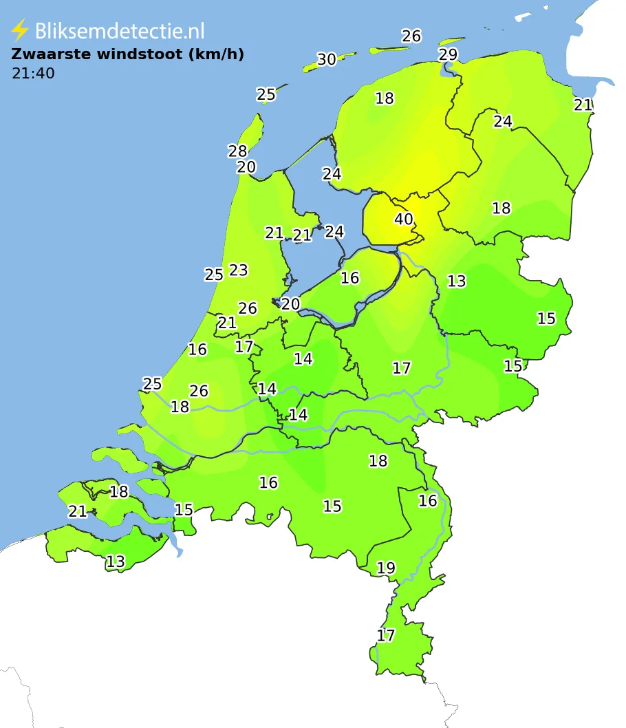 Zwaarste windstoten kaart Nederland