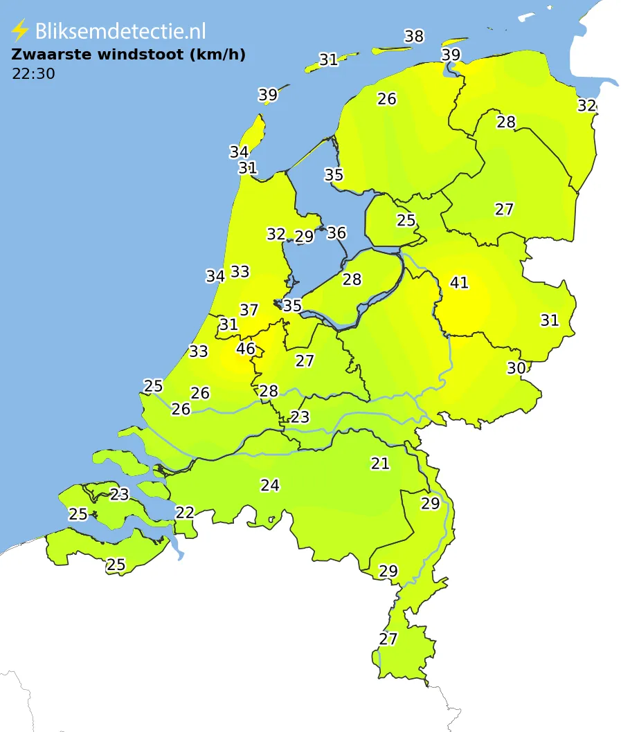 Zwaarste windstoten kaart Nederland