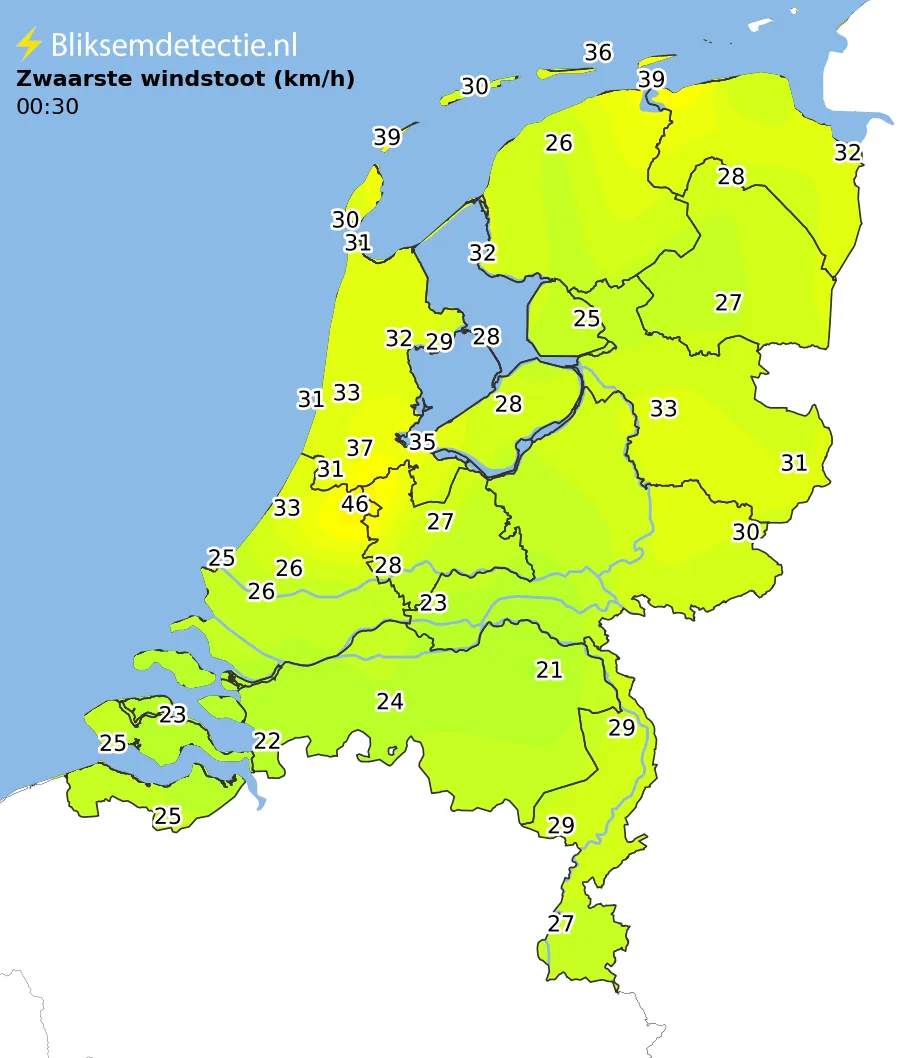 Zwaarste windstoten kaart Nederland