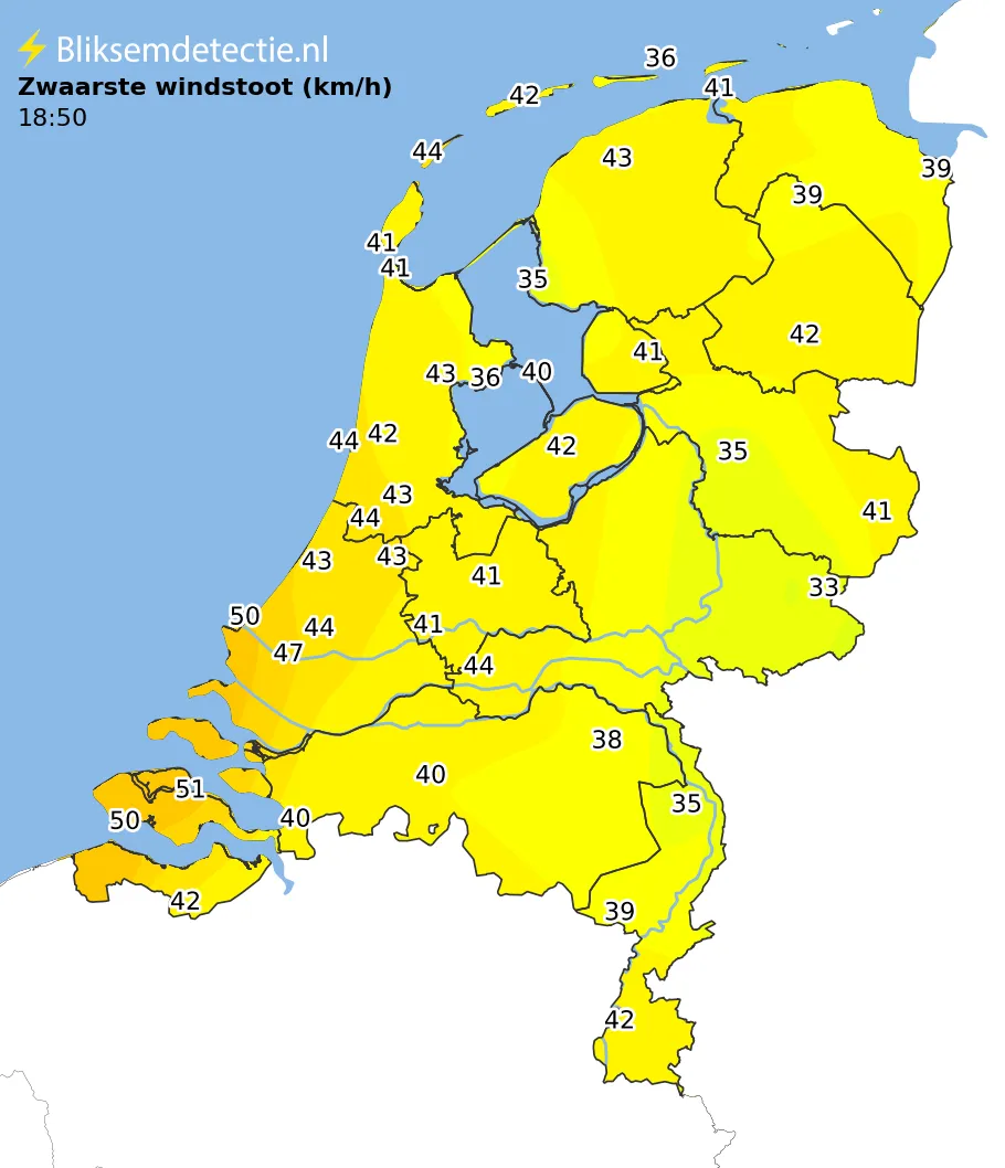 Zwaarste windstoten kaart Nederland