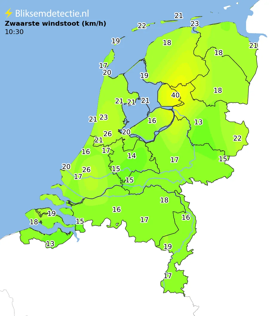 Zwaarste windstoten kaart Nederland