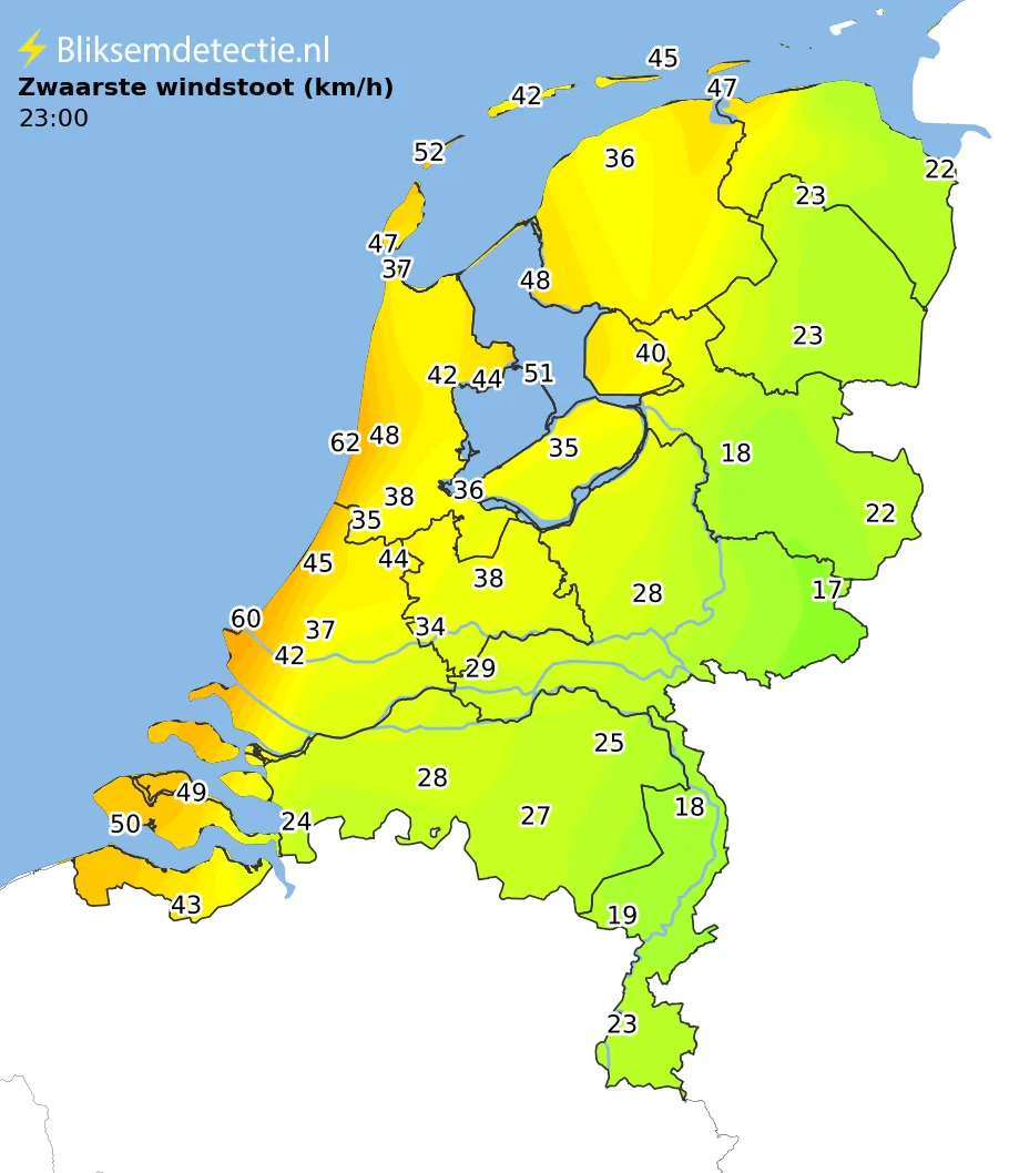 Zwaarste windstoten kaart Nederland