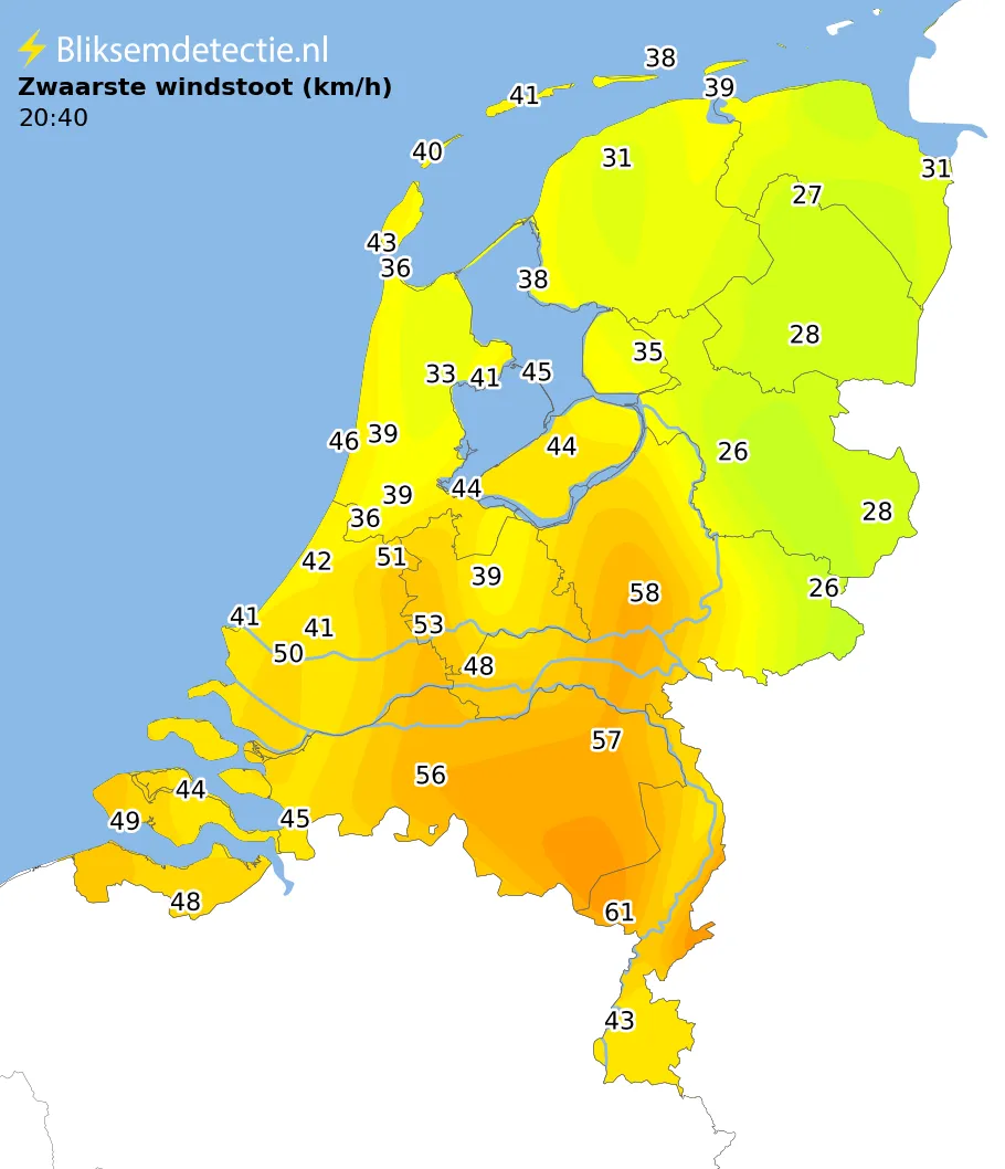 Zwaarste windstoten kaart Nederland