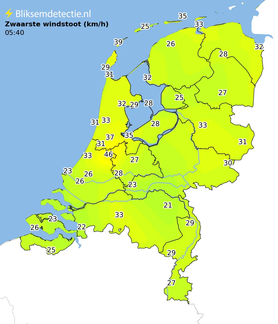 Zwaarste windstoten kaart Nederland
