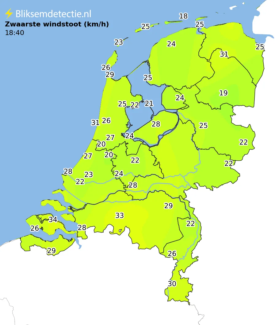 Zwaarste windstoten kaart Nederland