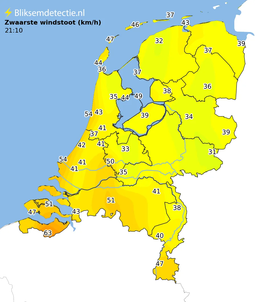 Zwaarste windstoten kaart Nederland