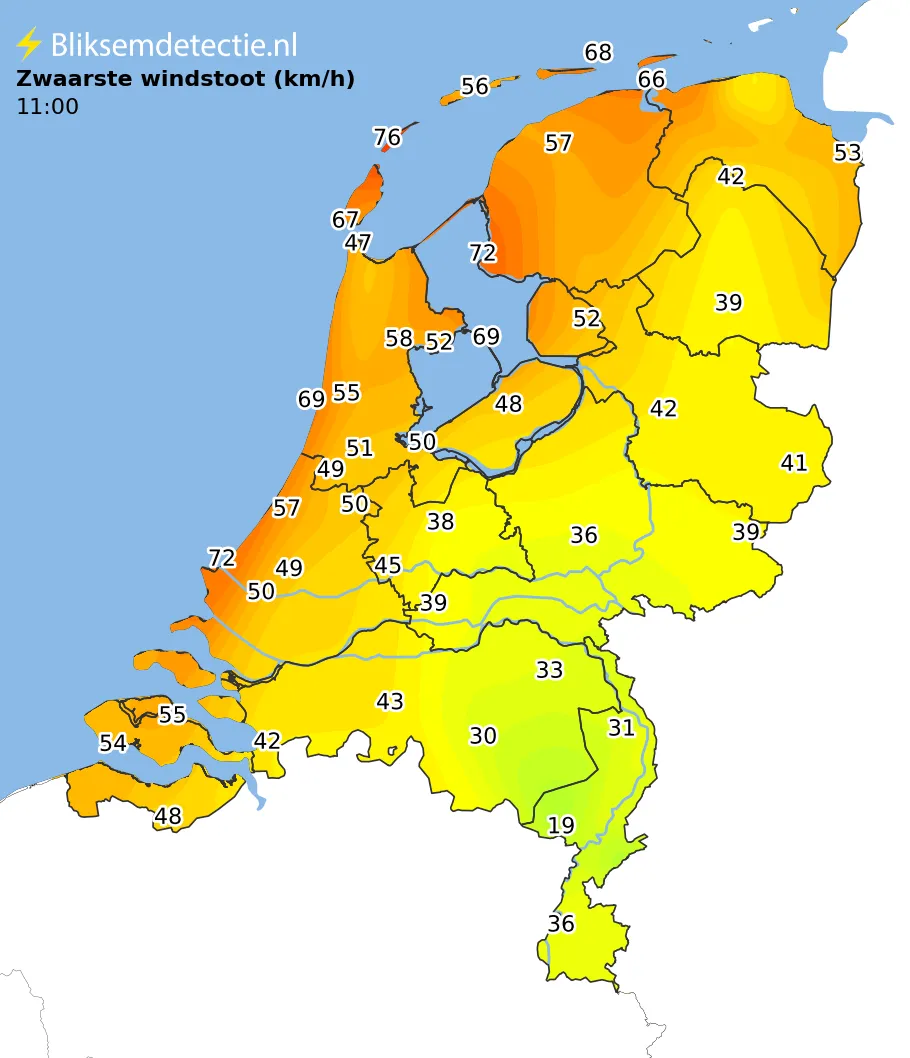 Zwaarste windstoten kaart Nederland
