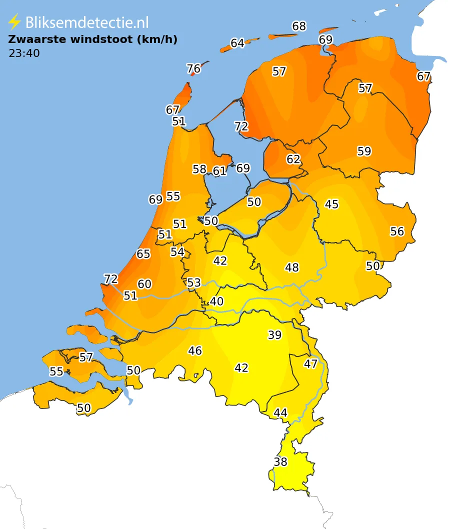 Zwaarste windstoten kaart Nederland