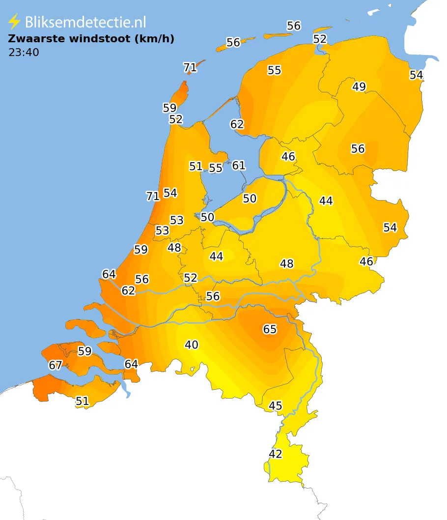 Zwaarste windstoten kaart Nederland
