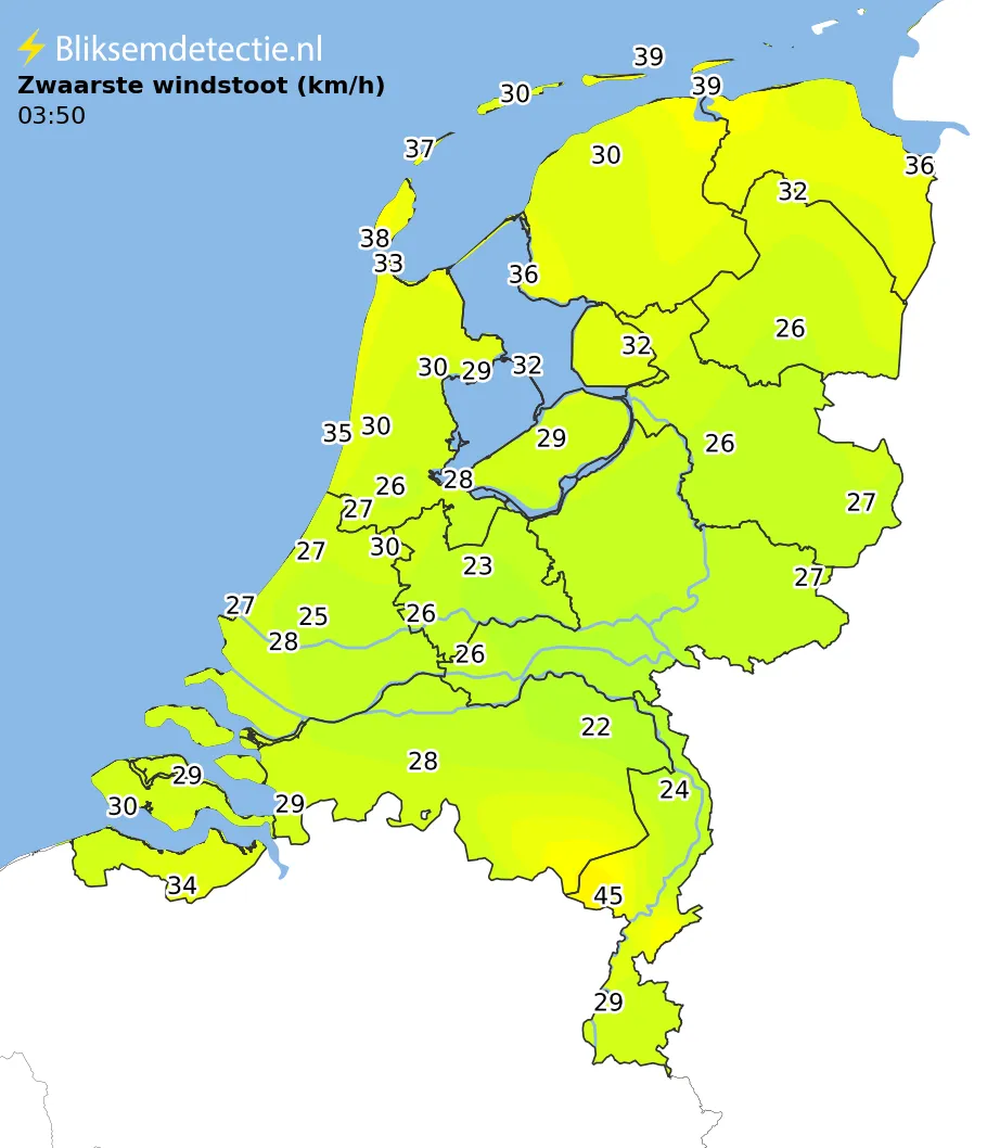 Zwaarste windstoten kaart Nederland