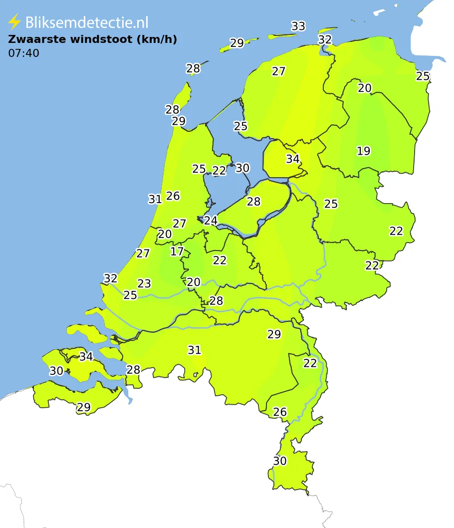 Zwaarste windstoten kaart Nederland