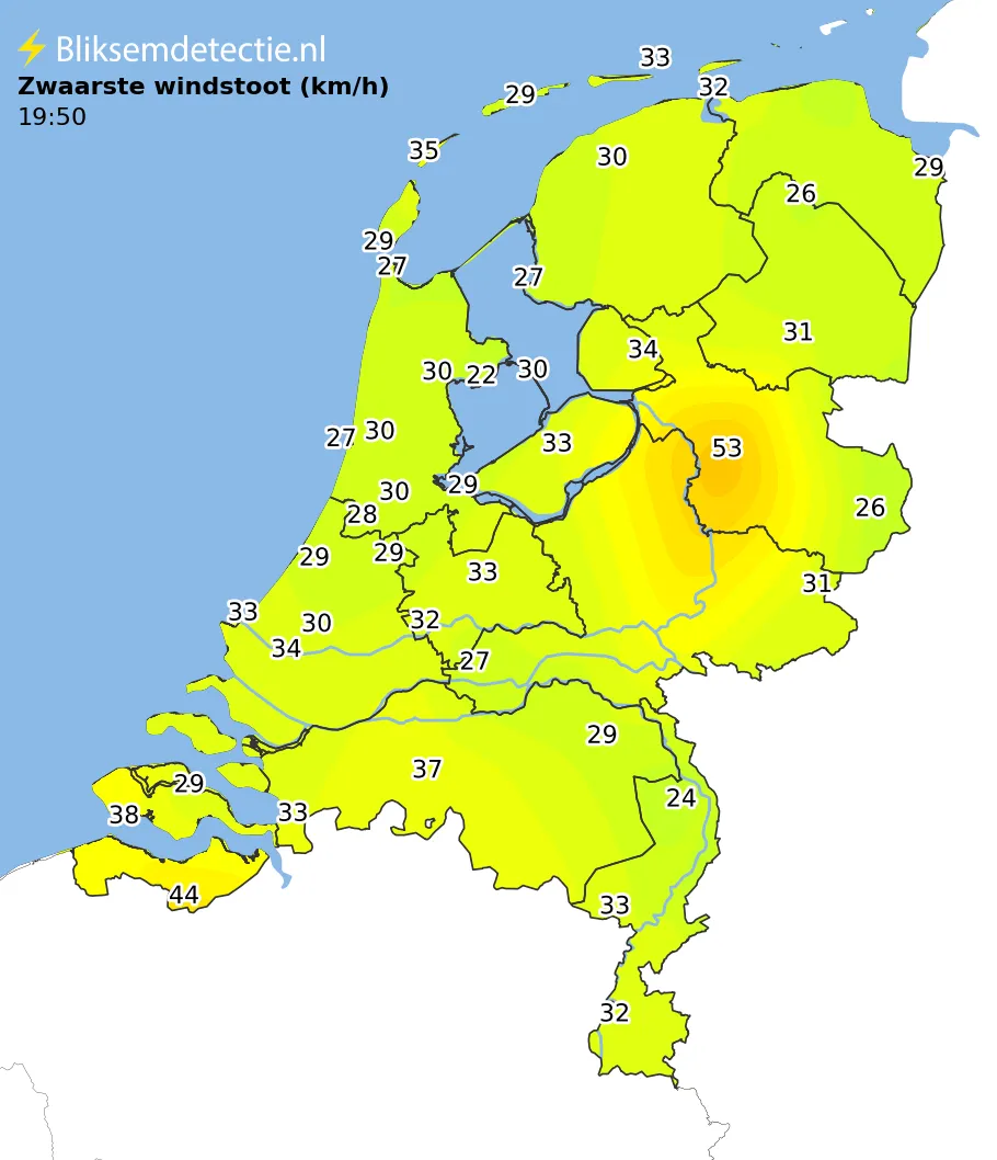Zwaarste windstoten kaart Nederland