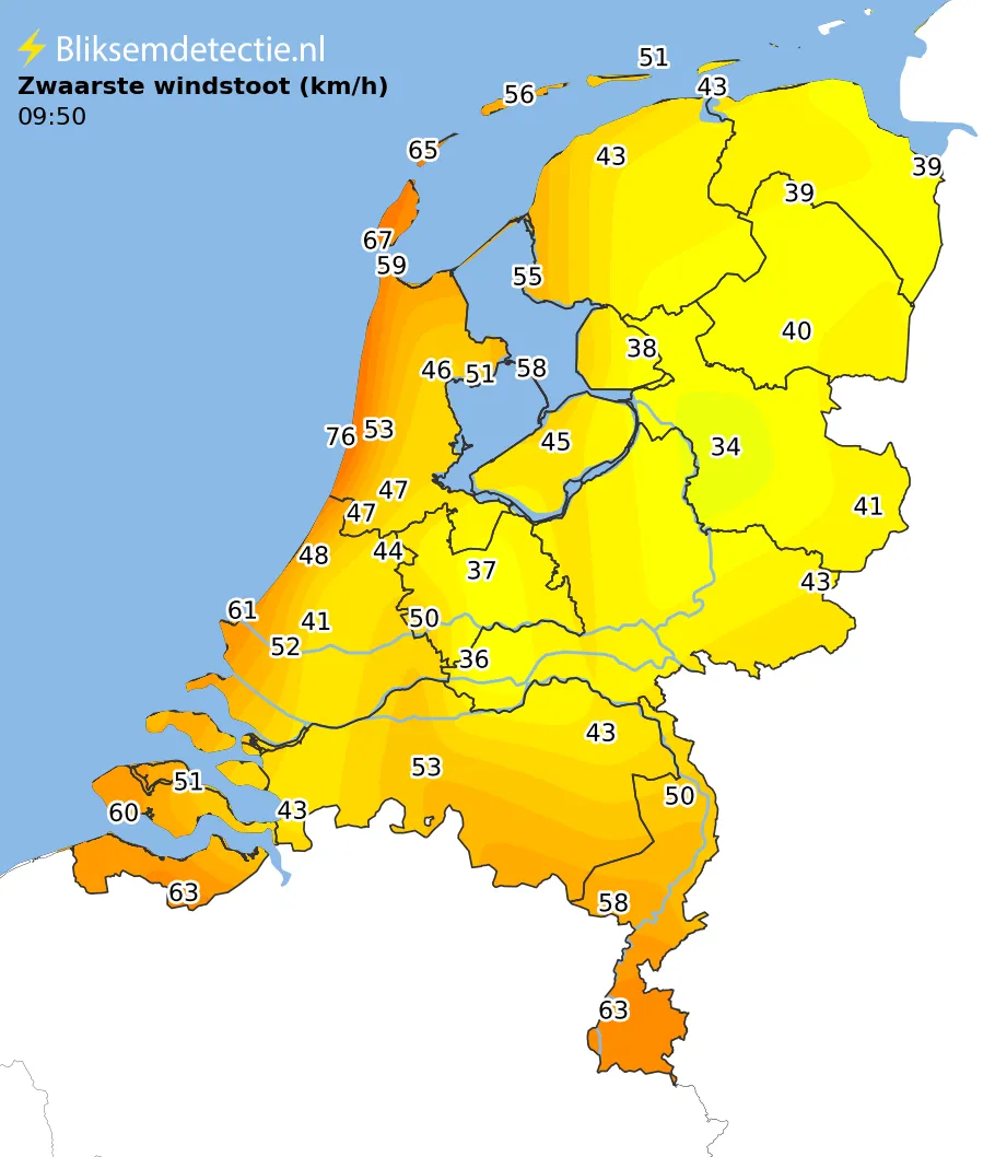 Zwaarste windstoten kaart Nederland