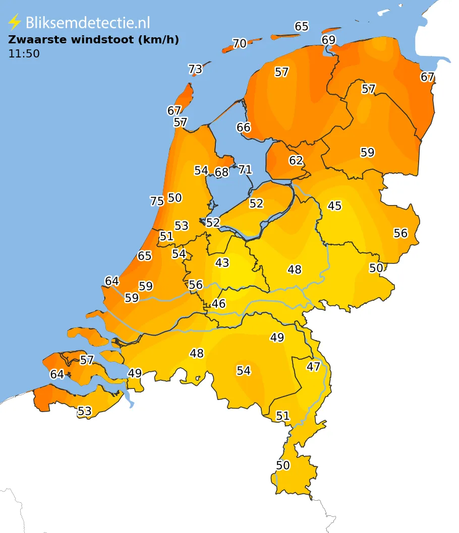 Zwaarste windstoten kaart Nederland