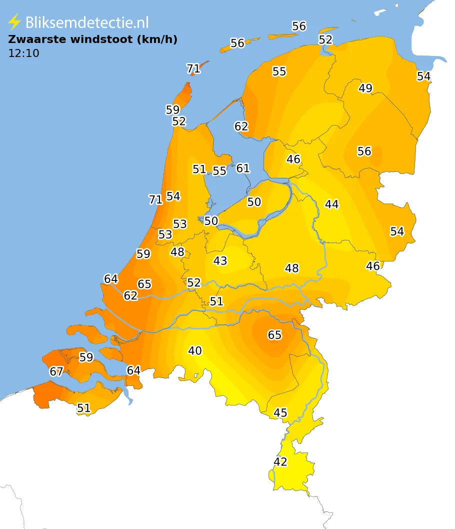 Zwaarste windstoten kaart Nederland