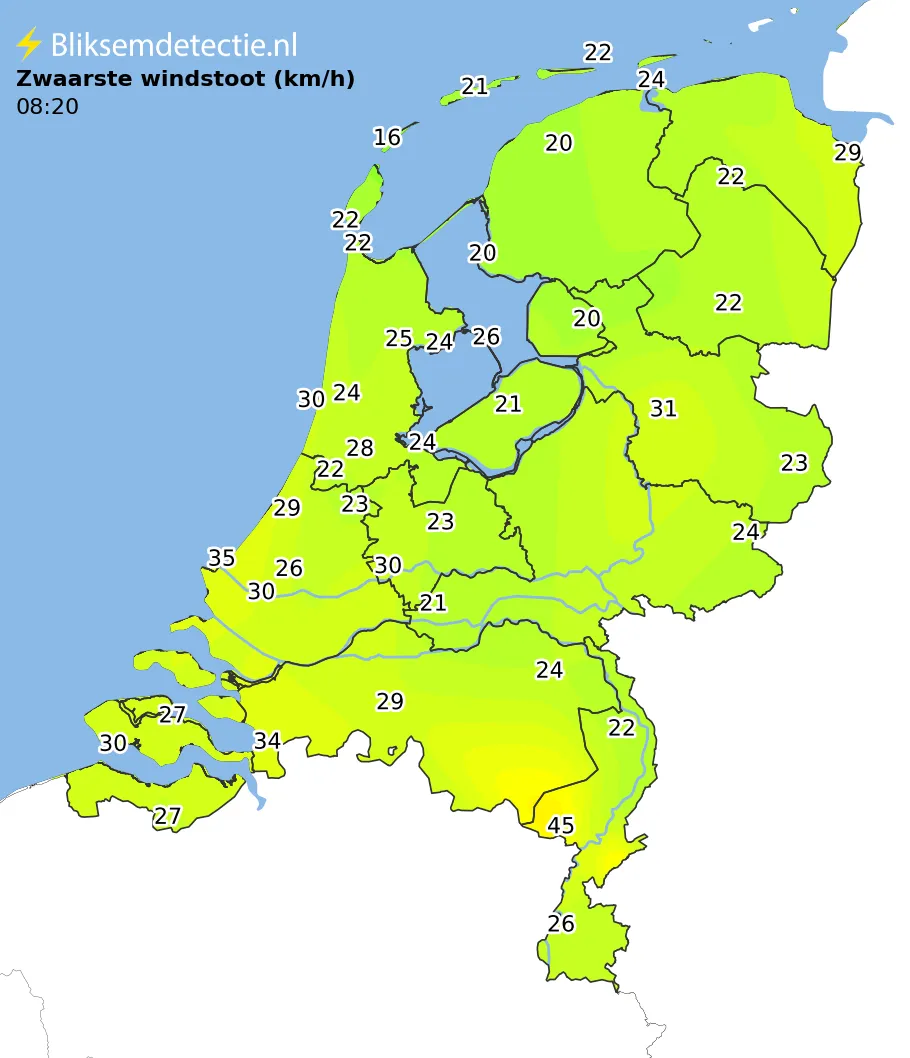 Zwaarste windstoten kaart Nederland