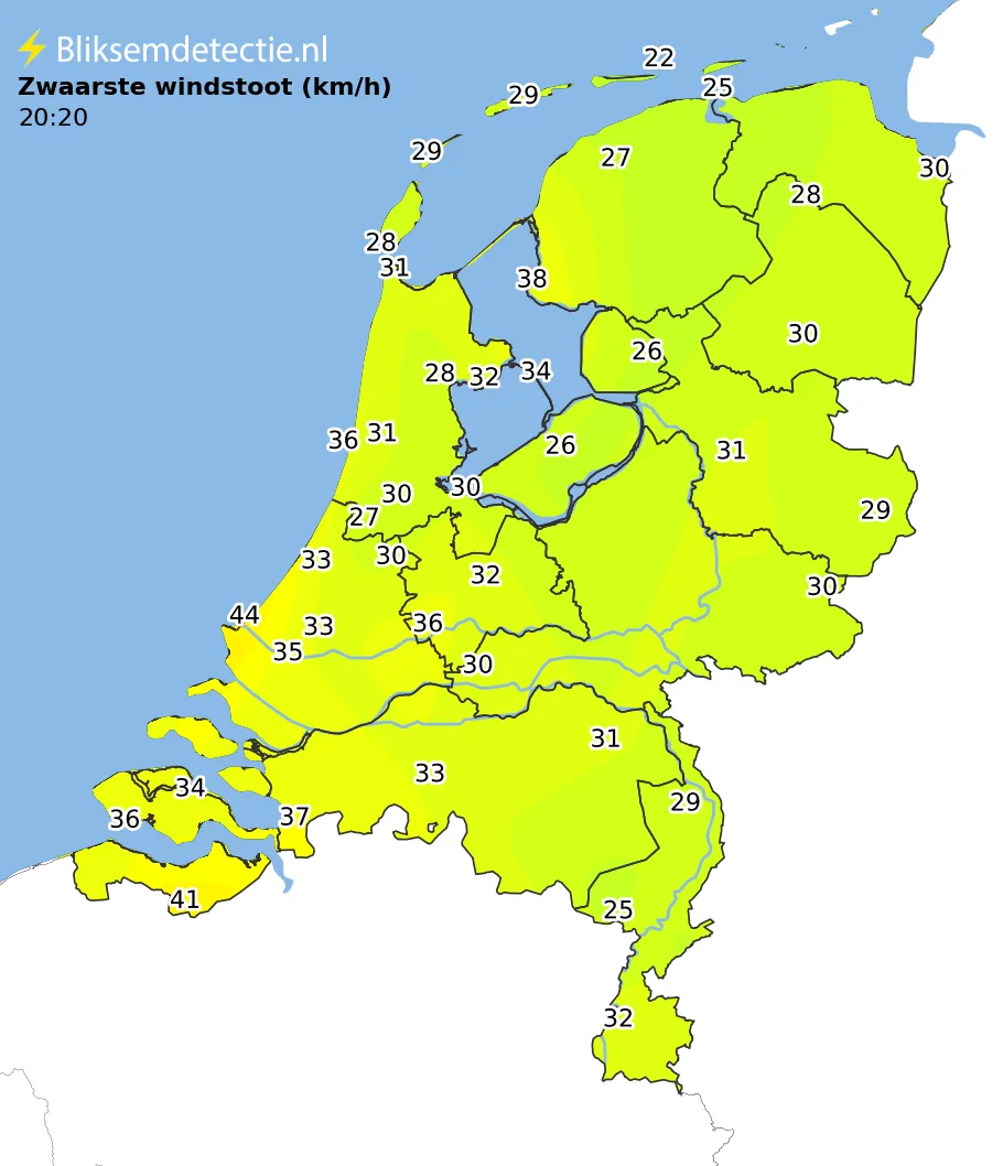 Zwaarste windstoten kaart Nederland