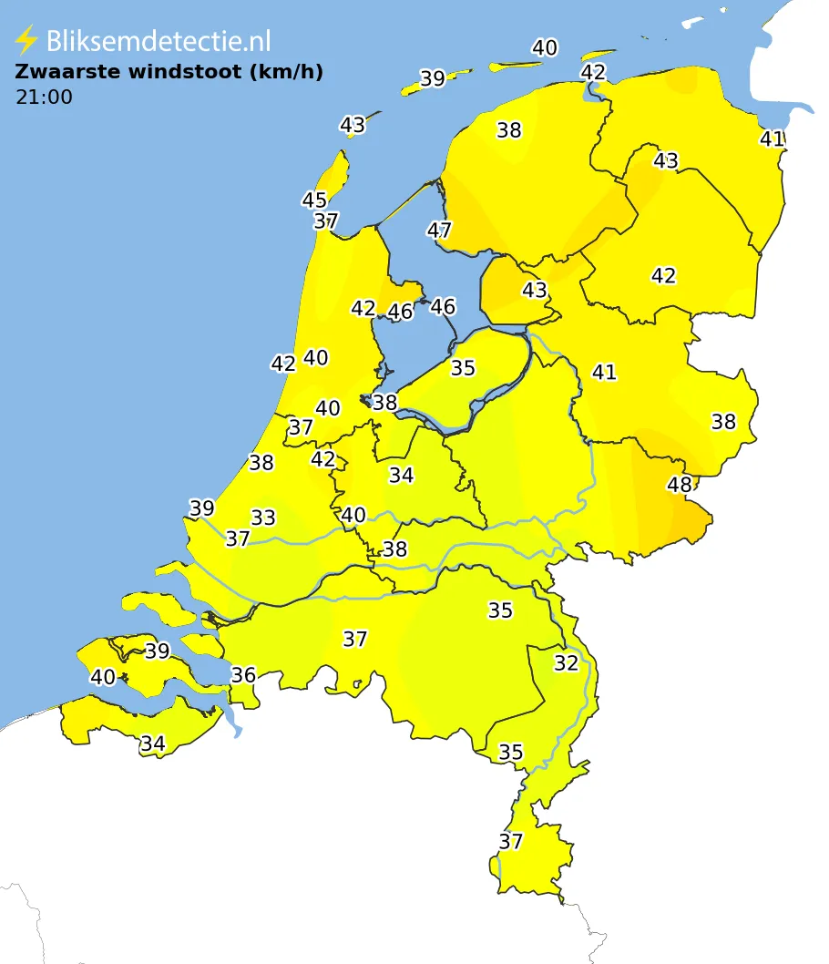 Zwaarste windstoten kaart Nederland