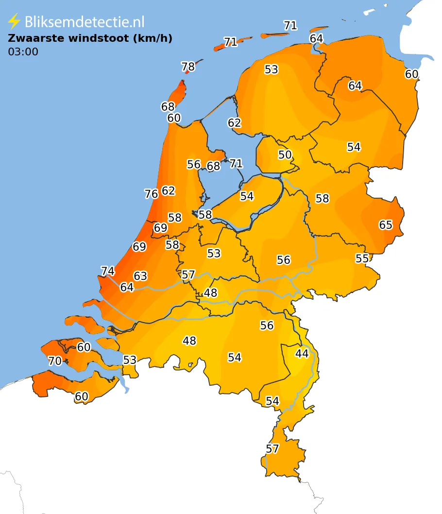 Zwaarste windstoten kaart Nederland