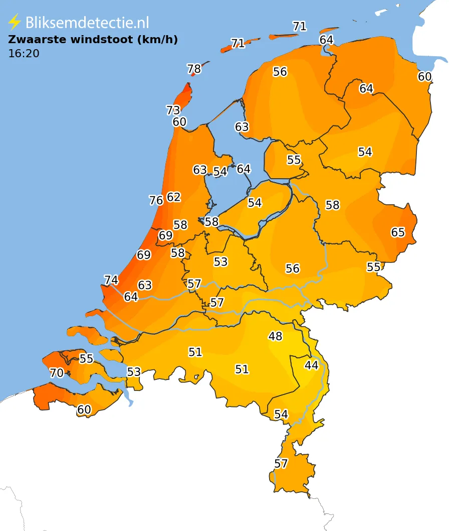 Zwaarste windstoten kaart Nederland