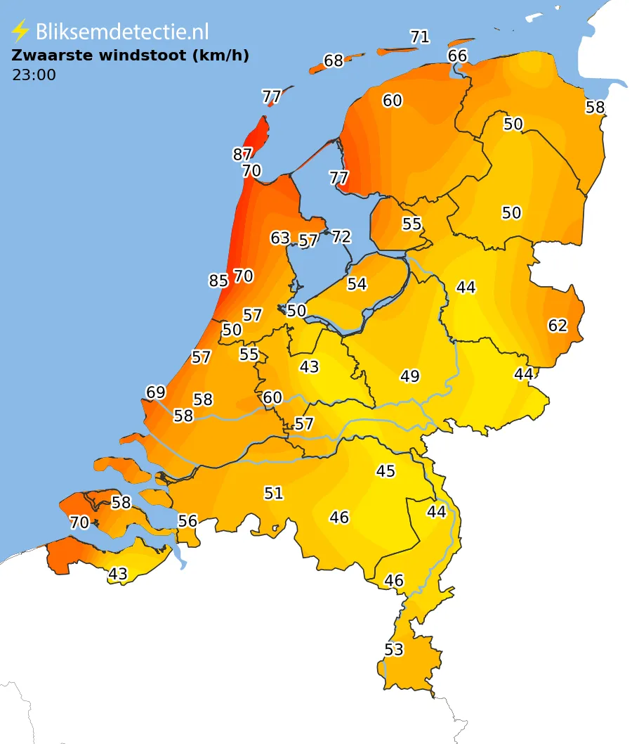 Zwaarste windstoten kaart Nederland